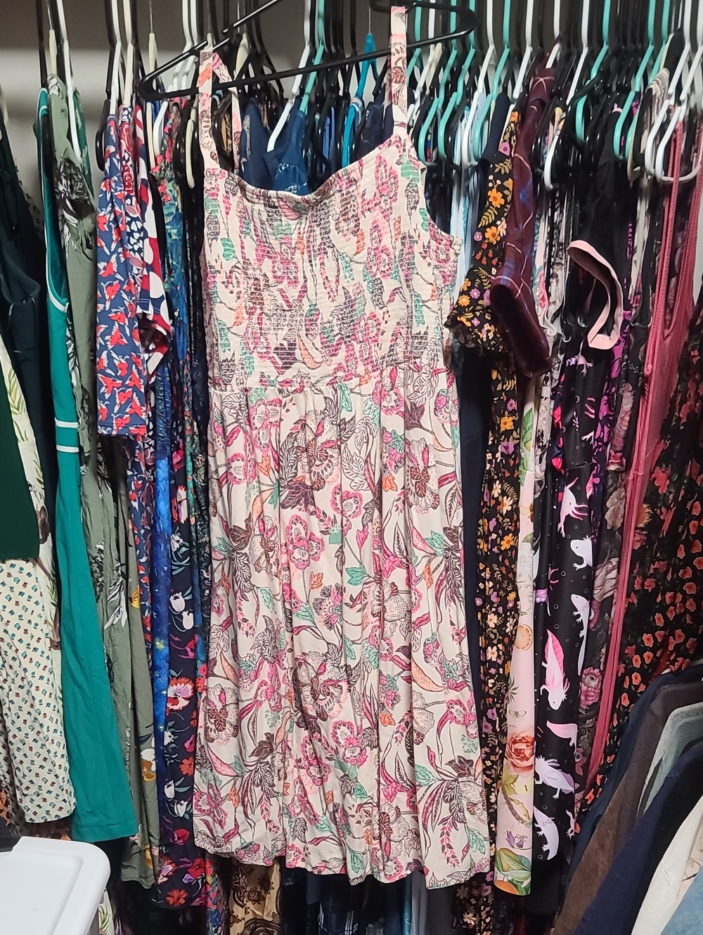 Old Navy Pink Multi Floral Smocked Midi Dress Pockets Large